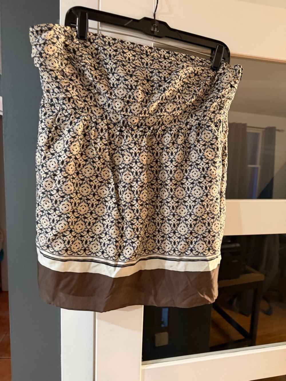 Banana Republic Navy and Cream Printed Strapless Dress with Brown Hem